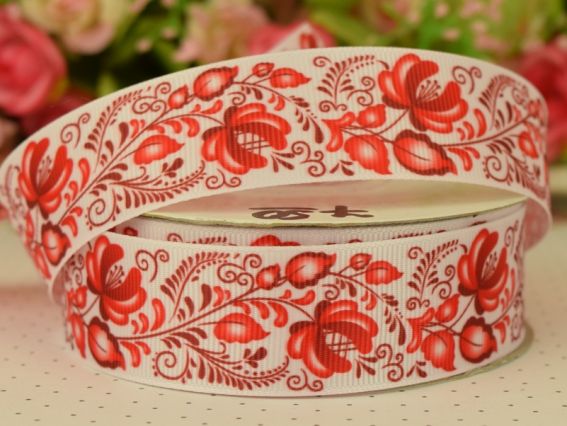 Репсовая лента серия №56 Орнаменты, 25 мм с рисунком Петрекивка, красная, 1 метр Репсовая лента серия №56 Орнаменты, 25 мм с рисунком Петрекивка, красная, 1 метр