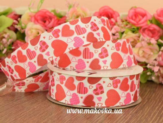 Репсовая лента 25 мм №28 белая с красно-розоыми сердечками 1 м Репсовая лента 25 мм №28 белая с красно-розоыми сердечками 1 м
