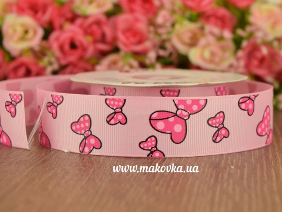 Репсовая лента 25 мм №31 Бантики, розовая, 1 м Репсовая лента 25 мм №31 Бантики, розовая, 1 м