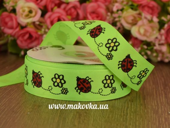Репсовая лента 25 мм №32 Божьи коровки, салатовый неон, 1 м Репсовая лента 25 мм №32 Божьи коровки, салатовый неон, 1 м