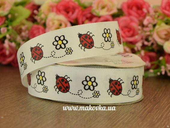 Репсовая лента 25 мм №32 Божьи коровки, белая, 1 м Репсовая лента 25 мм №32 Божьи коровки, белая, 1 м