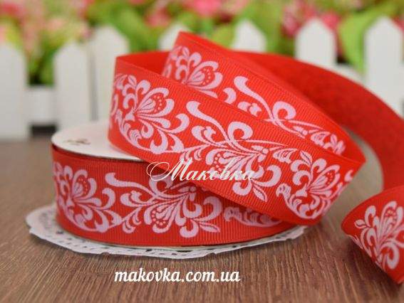 Репсовая лента 25 мм №34 Красная с белым растительным узором, 1 м Репсовая лента 25 мм №34 Красная с белым растительным узором, 1 м