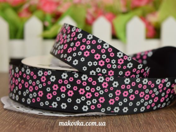 Репсовая лента 25 мм №35 Мелкоцвет черная, 1 м Репсовая лента 25 мм №35 Мелкоцвет черная, 1 м