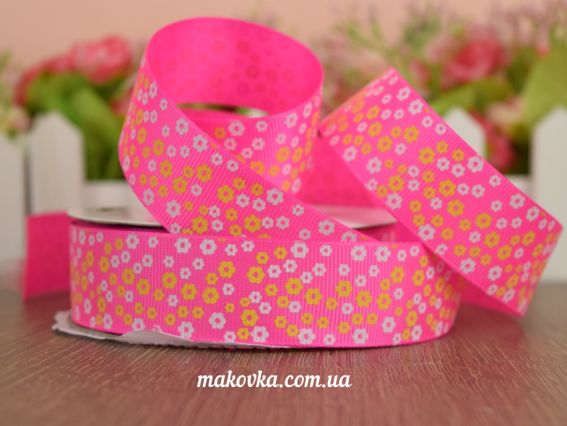 Репсовая лента 25 мм №35 Мелкоцвет ярко-розовая, 1 м Репсовая лента 25 мм №35 Мелкоцвет ярко-розовая, 1 м