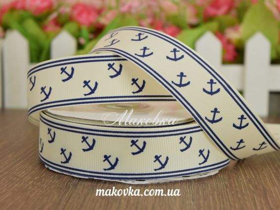 Репсовая лента 25 мм №36 кремовая Якоря и полоски, 1 м