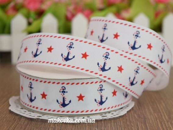 Репсовая лента 25 мм №37 белая Якоря и звезды, 1 м Репсовая лента 25 мм №37 белая Якоря и звезды, 1 м