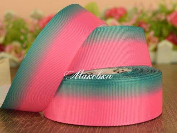 Репсовая лента 25 мм №38 Градиент розовый насыщенный с изумрудным, 1 м