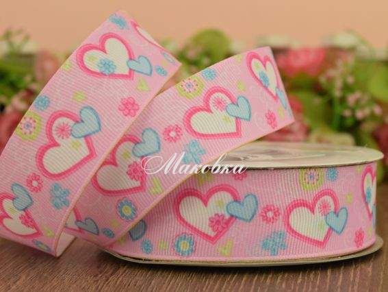 Репсовая лента 25 мм №100 Розово-белые и голубые сердечки, розовая, 1 м,