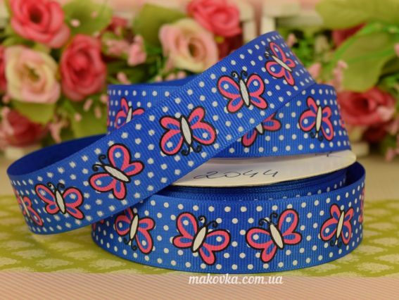 Репсовая лента 25 мм №43 Бабочки и белые точечки синяя, 1 м