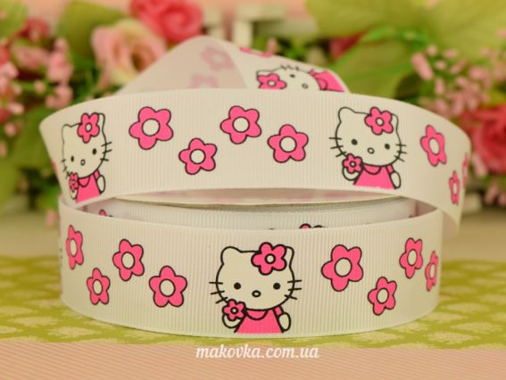 Репсовая лента 25 мм №44 Кити и розовые цветочки, белая, 1 м Репсовая лента 25 мм №44 Кити и розовые цветочки, белая, 1 м