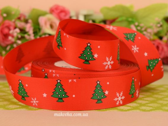 Репсовая лента 25 мм №45 Новогодняя красная с елками и снежинками, 1 м Репсовая лента 25 мм №45 Новогодняя красная с елками и снежинками, 1 м
