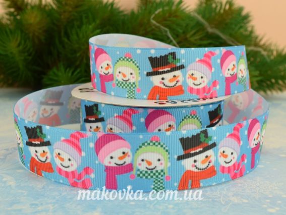Репсовая лента 25 мм №47 Новогодняя Снеговики, голубая, 1 м Репсовая лента 25 мм №47 Новогодняя Снеговики, голубая, 1 м