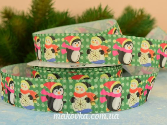 Репсовая лента 25 мм №48 Новогодняя Пингвин и Снеговик, зеленая 1 м Репсовая лента 25 мм №48 Новогодняя Пингвин и Снеговик, зеленая 1 м