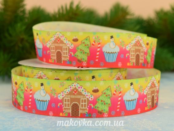 Репсовая лента 25 мм №49 Новогодняя Пряничный домик, 1 м Репсовая лента 25 мм №49 Новогодняя Пряничный домик, 1 м