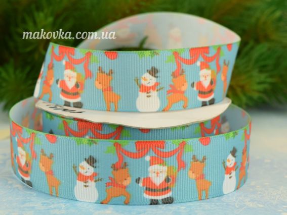 Репсовая лента 25 мм №49 Новогодняя Дед мороз, олень и снеговик, голубая 1 м Репсовая лента 25 мм №49 Новогодняя Дед мороз, олень и снеговик, голубая 1 м