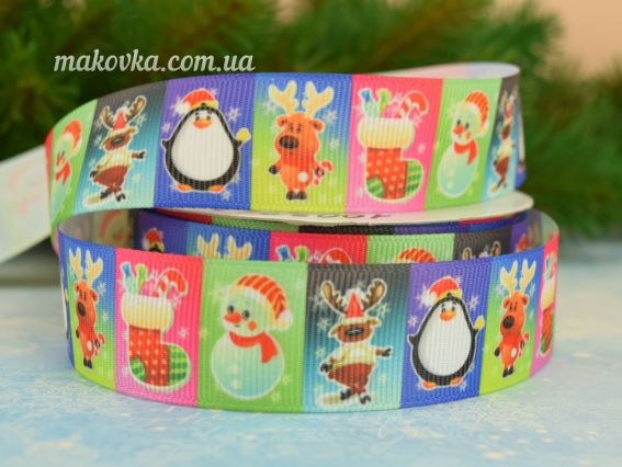 Репсовая лента 25 мм №50 Новогодний печворк, голубая 1 м Репсовая лента 25 мм №50 Новогодний печворк, голубая 1 м