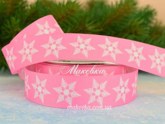 Репсовая лента 25 мм №52 Новогодняя розовая с белыми снежинками, 1 м