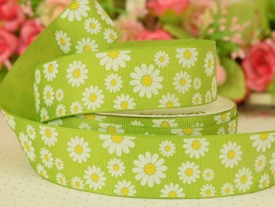 Репсовая лента 25 мм №96 Ромашки белые на салатовом, 1 м Репсовая лента 25 мм №96 Ромашки белые на салатовом, 1 м