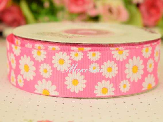 Репсовая лента 25 мм №96 Ромашки белые на ярко-розовом , 1 м