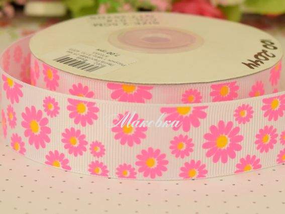 Репсовая лента 25 мм №96 Ромашки розовые на белом , 1 м