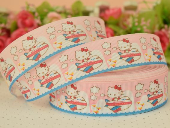 Лента репсовая с рисунком №97 Кити в самолете на розовом фоне , 1 м