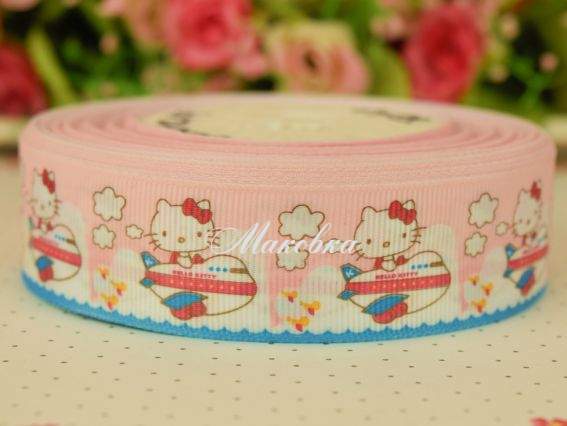 Репсовая лента 25 мм №97 Кити в самолете на розовом фоне , 1 м