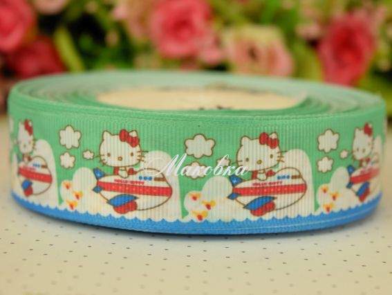 Репсовая лента 25 мм №97 Кити в самолете на мятном фоне , 1 м