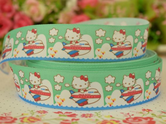 Лента репсовая с рисунком №97 Кити в самолете на мятном фоне , 1 м