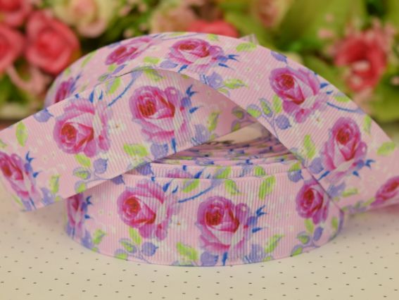 Репсовая лента 25 мм №99 Розовые розы на розовом фоне, 1 метр Репсовая лента 25 мм №99 Розовые розы на розовом фоне, 1 метр