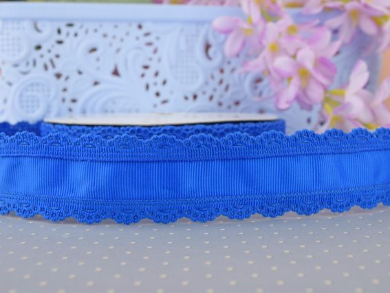 Стрічка репсова з бордюром, ширина 35 мм З АЖУРНИМ краєм синя, 1 м