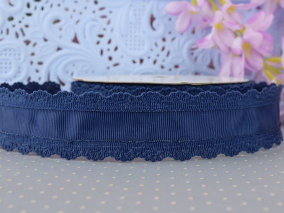 Лента репсовая с бордюром , ширина 35 мм С АЖУРНЫМ краем темно-синяя, 1 м