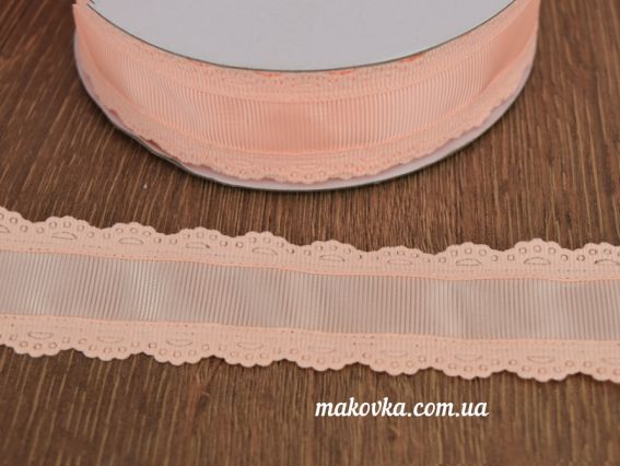 Репсова стрічка 35 мм З АЖУРНИМ краєм персикова, 1 м Репсова стрічка 35 мм З АЖУРНИМ краєм персикова, 1 м