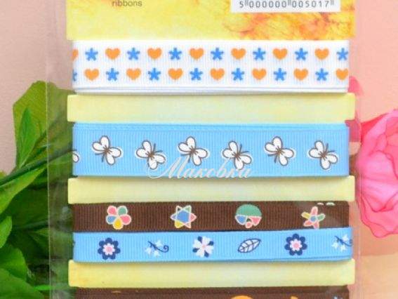 Набор репсовой ленты с рисунком La Prida Голубой и шоколадный Набор репсовой ленты с рисунком La Prida Голубой и шоколадный