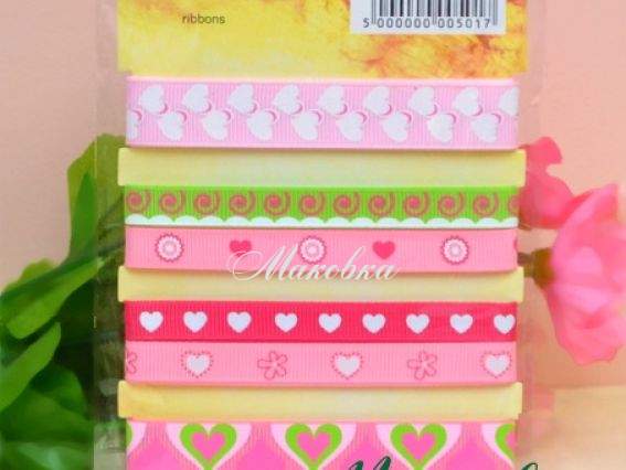 Набор репсовой ленты с рисунком La Prida Розовый и салатовый (сердечки) Набор репсовой ленты с рисунком La Prida Розовый и салатовый (сердечки)