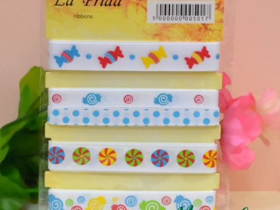 Набор репсовой ленты с рисунком La Prida Конфетки на белом Набор репсовой ленты с рисунком La Prida Конфетки на белом