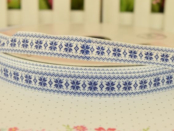 Стрічка репсова з малюнком №54 біла з синім українським орнаментом, 1 м