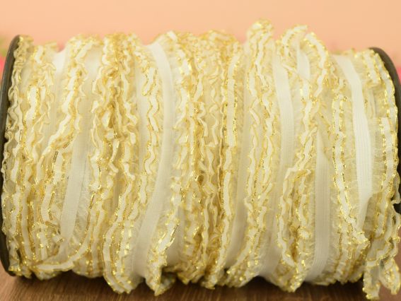 Гумка з рюшем з органзи, ширина 2,5 см, біла із золотою облямівкою, 7944, 1 метр