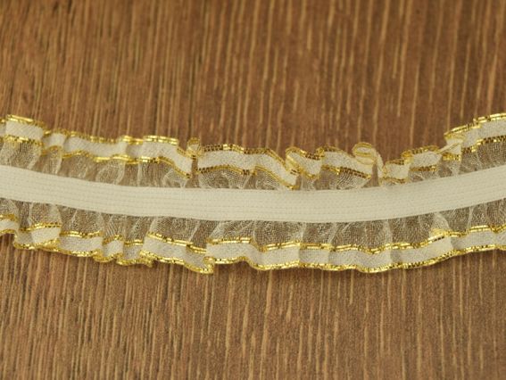 Гумка з рюшем з органзи, ширина 2,5 см, біла із золотою облямівкою, 7944, 1 метр