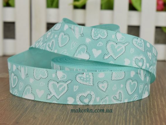 Репсовая лента 25 мм №20 Мятная с большими сердечкамии, 1 м Репсовая лента 25 мм №20 Мятная с большими сердечкамии, 1 м