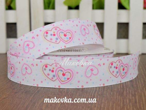 Репсовая лента 25 мм №41 Розовые сердечки и кружочки, белая, 1 м Репсовая лента 25 мм №41 Розовые сердечки и кружочки, белая, 1 м