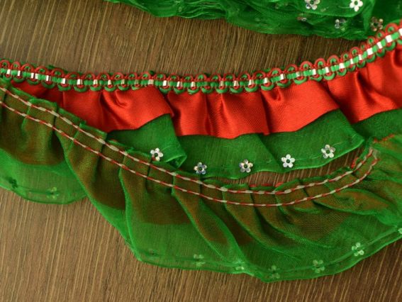 Декоративна тасьма з подвійним хвилястим рюшем 4 см колір Зелена з червоним 13-6901, 1 м