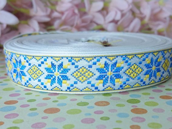 Гобеленовая Лента с орнаментом 20мм, Звезды, сине-жёлтые на белом, 1 м.