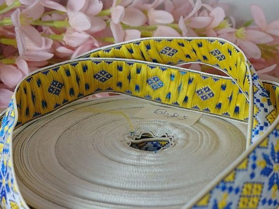 Гобеленовая Лента с орнаментом 20мм, Звезды, сине-жёлтые на белом, 1 м.