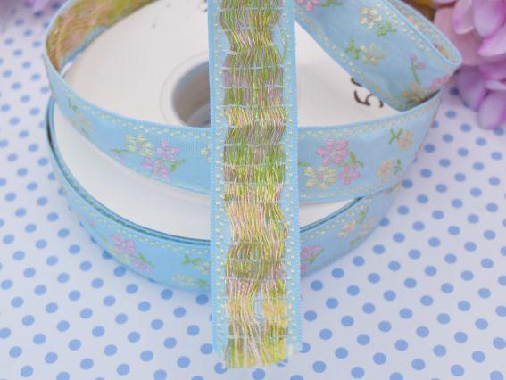 Гобеленовая лента с орнаментом голубая с розово-желтыми цветами, 25 мм , 1 метр