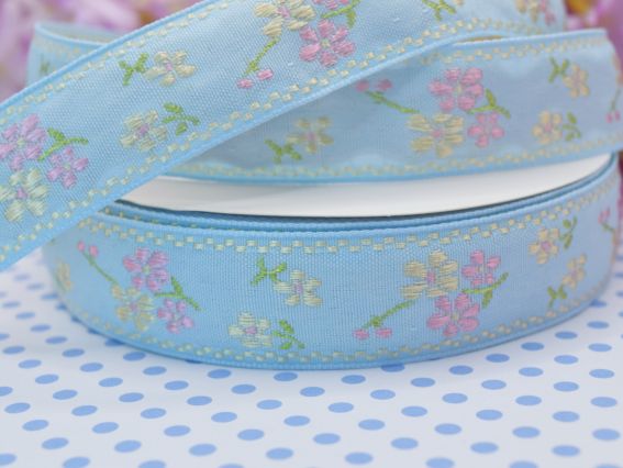 Гобеленовая лента с орнаментом голубая с розово-желтыми цветами, 25 мм , 1 метр