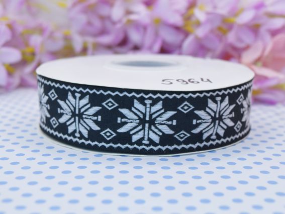 Гобеленова стрічка з українським орнаментом Білі зірки на чорному , 30 мм , 1 м.