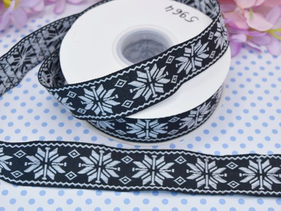 Гобеленова стрічка з українським орнаментом Білі зірки на чорному , 30 мм , 1 м.