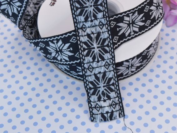 Гобеленова стрічка з українським орнаментом Білі зірки на чорному , 30 мм , 1 м.