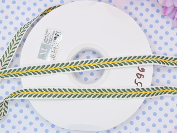 Гобеленова Стрічка з орнаментом 12мм,  Зелені листочки на білому, 1 м.