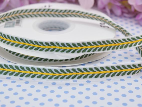 Гобеленова Стрічка з орнаментом 12мм,  Зелені листочки на білому, 1 м.